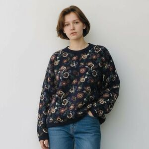 Vintage Paris Sports Club Allover Embroidered Floral Pattern Sweater